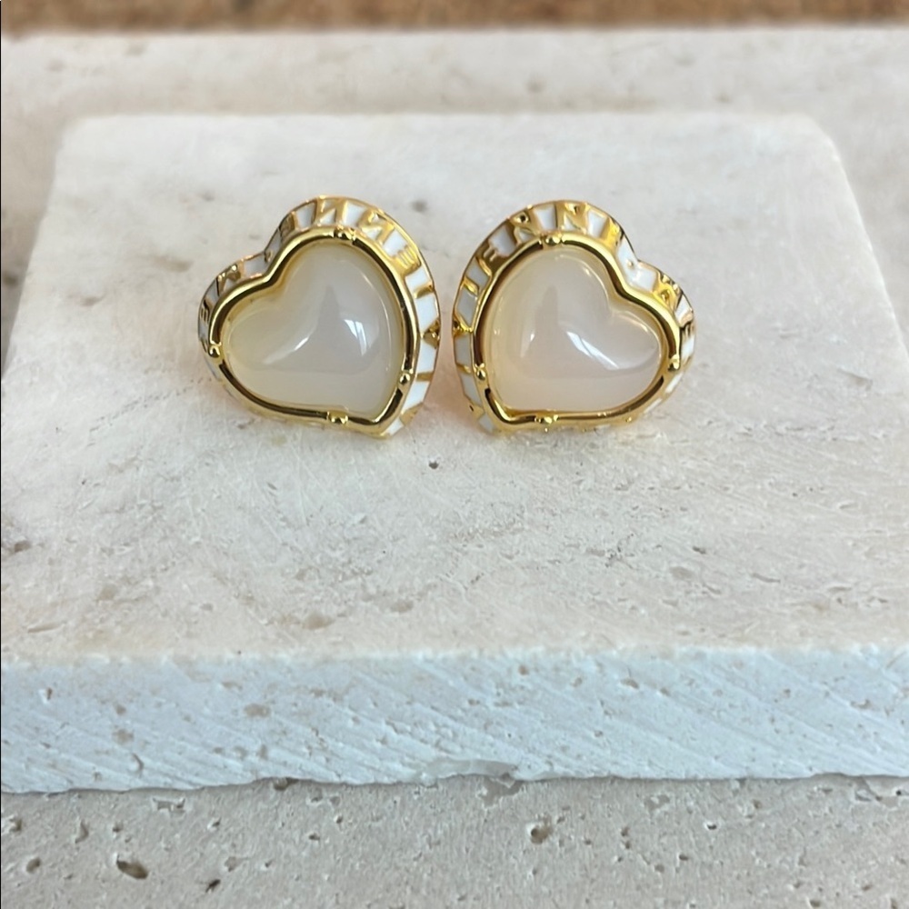 Vivienne Westwood Heart Stud Earrings Gold Tone Cream Enamel Minimal